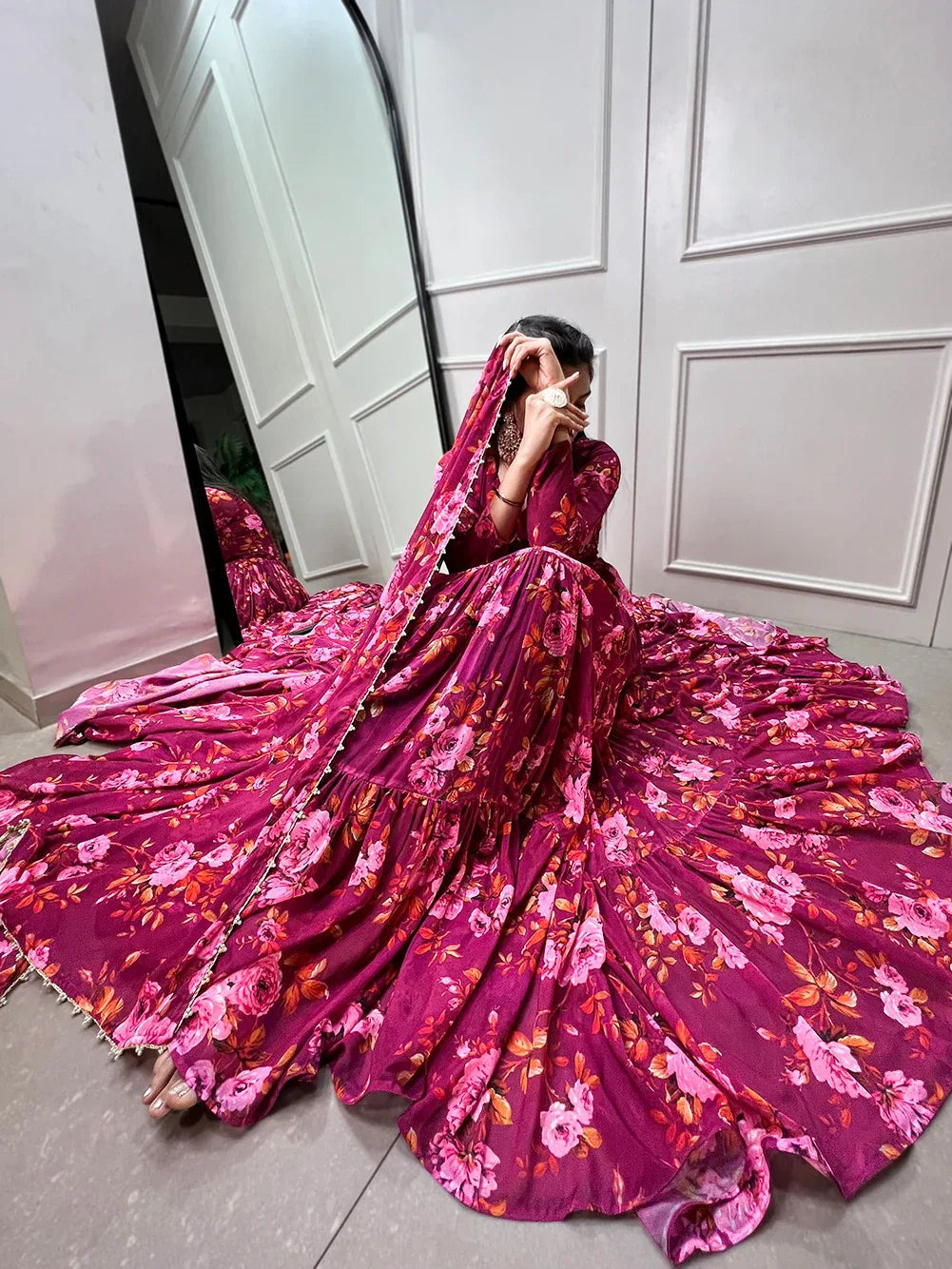 Beautiful Designer Occasion Wear Georgette Flower Print Gown