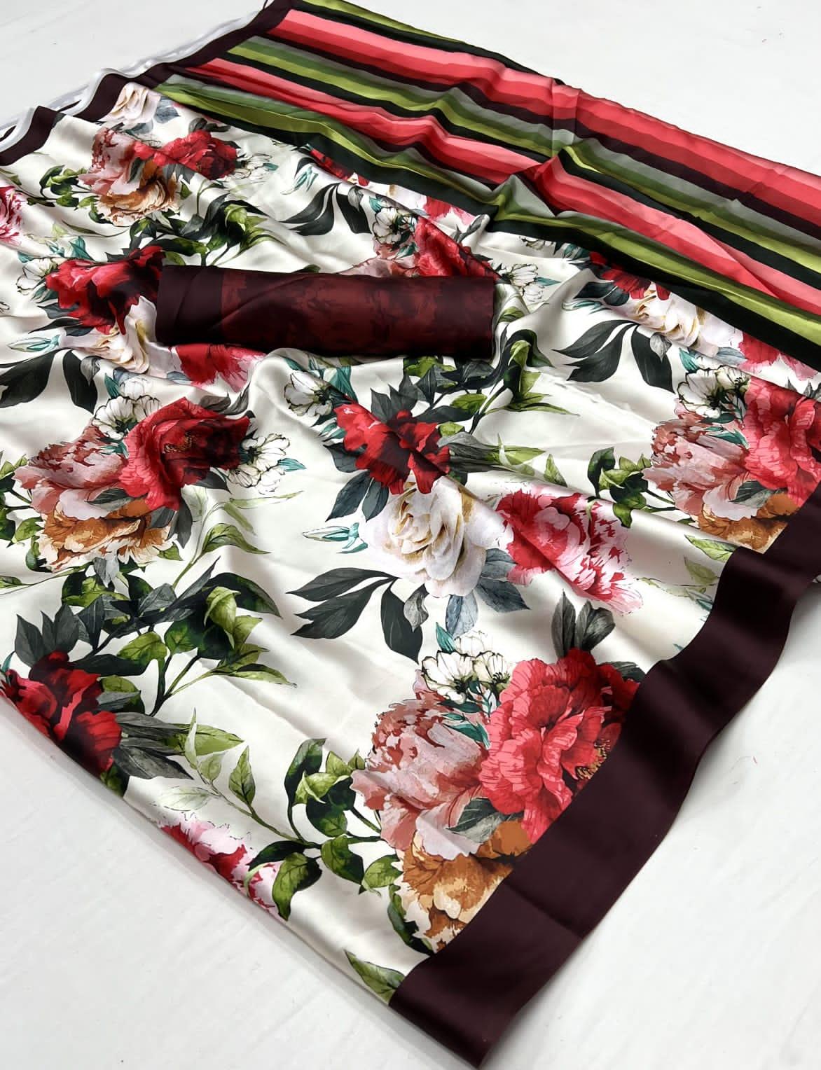 Beautiful Designer Digital Flower Print Satin Silk Saree