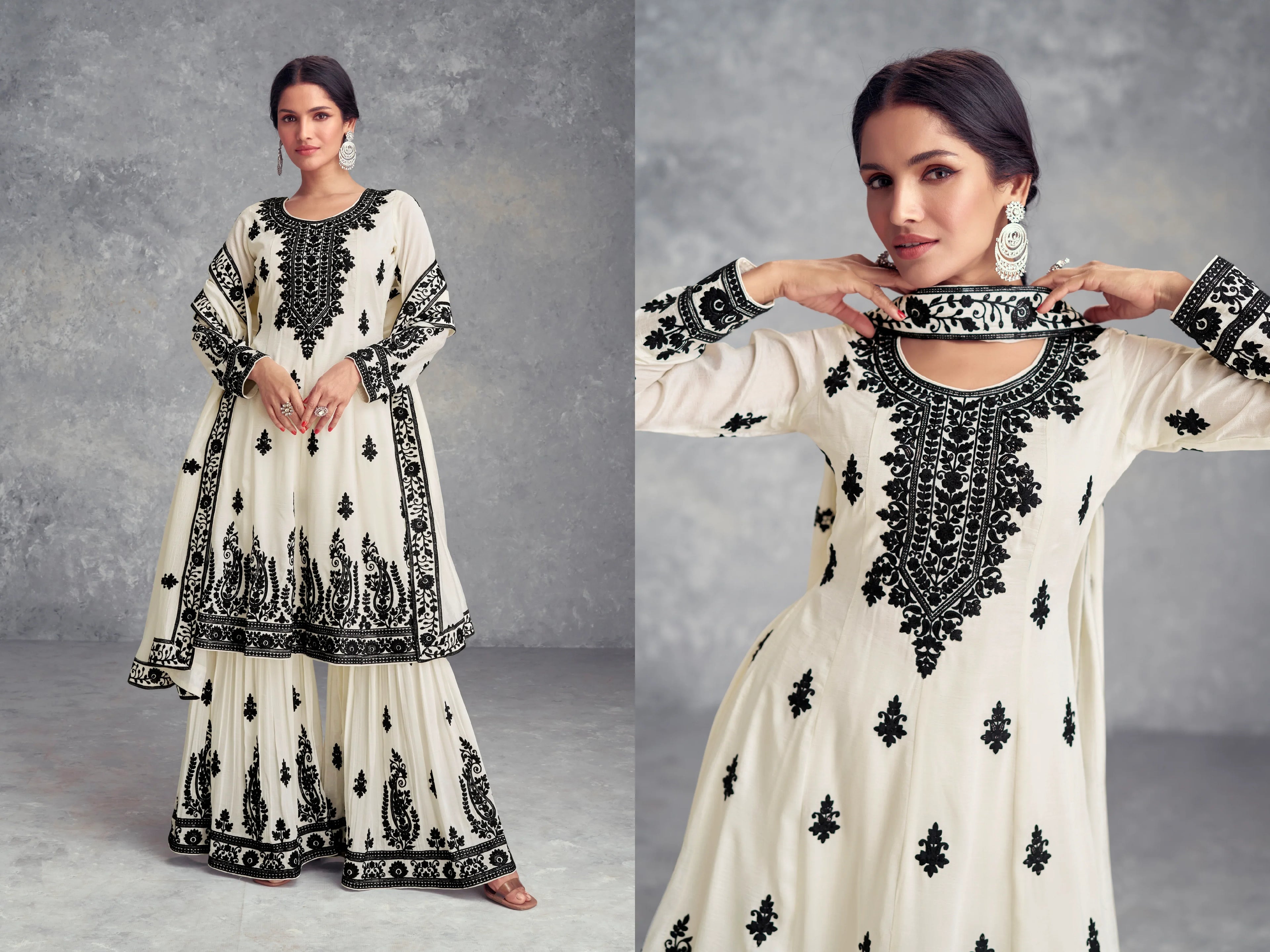 White Real Chinon Palazzo Suit with Dupatta