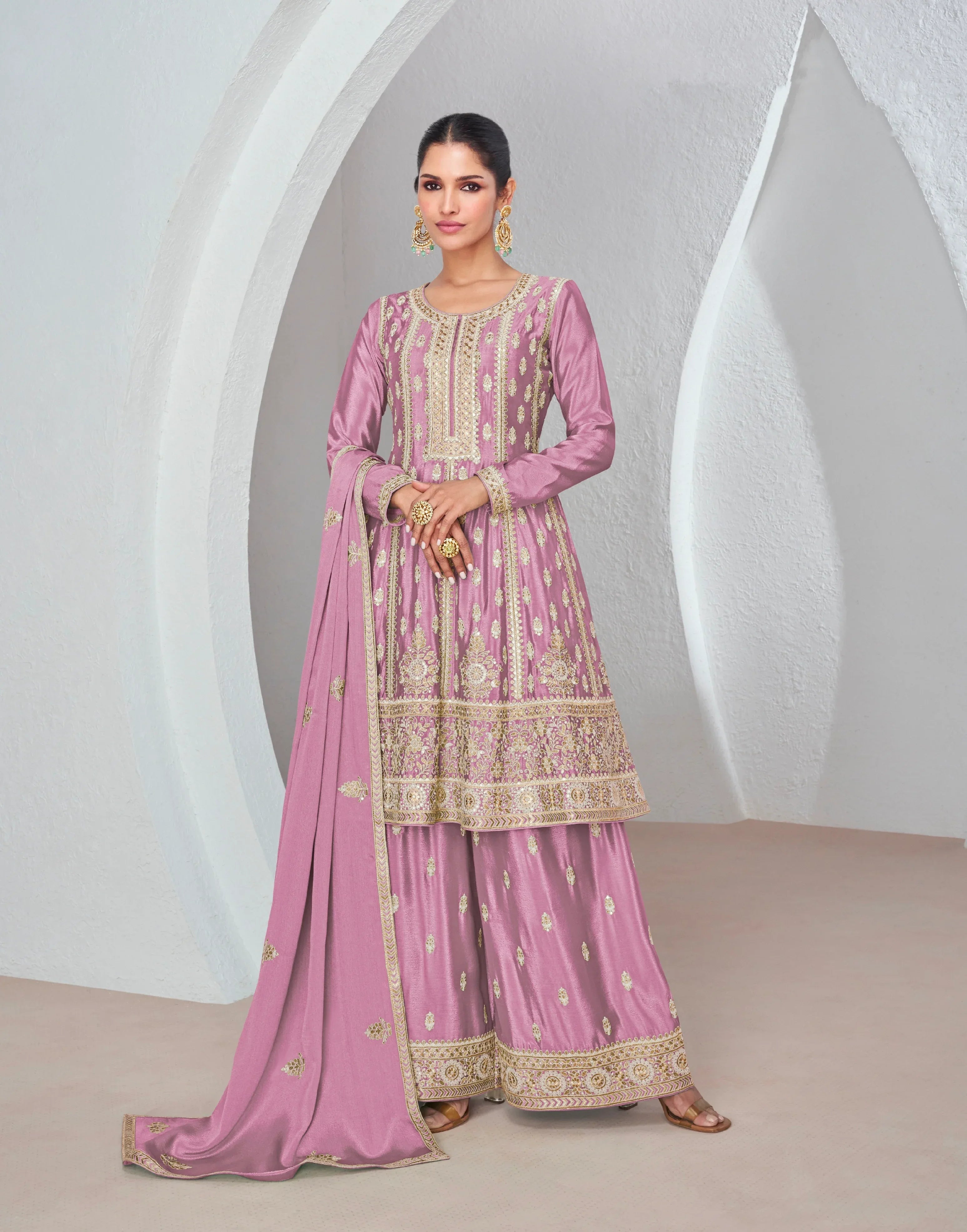 Purple Chinnon Silk Palazzo Suit with Embroidered Dupatta