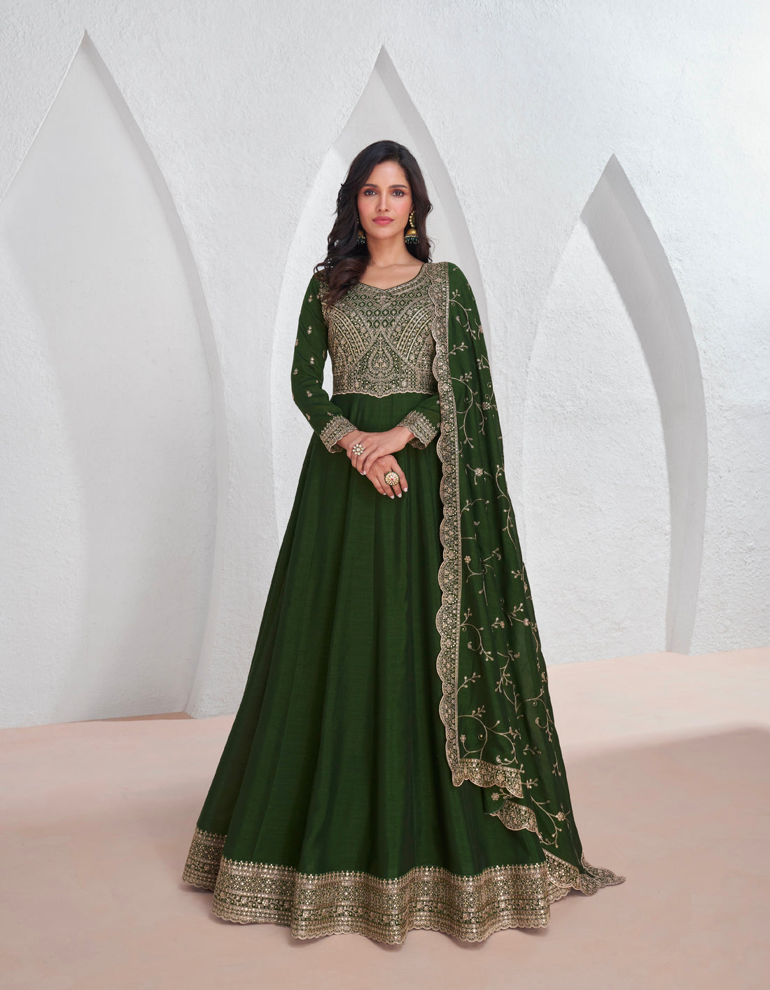 Green Silk Anarkali Suit with Embroidered Dupatta for Festive Events