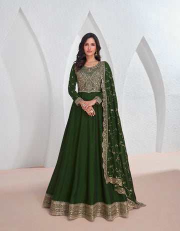 Green Silk Anarkali Suit with Embroidered Dupatta for Festive Events