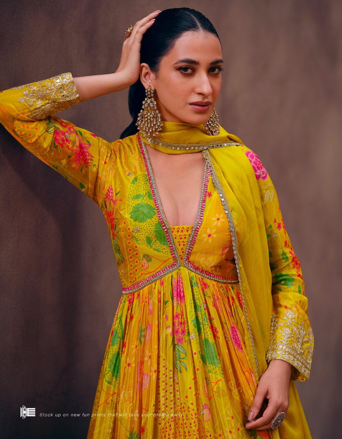 Yellow Floral Embroidered Georgette Anarkali Suit with Net Dupatta