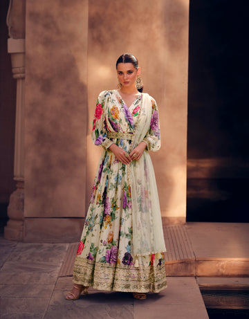 Cream Floral Embroidered Georgette Anarkali Suit with Net Dupatta