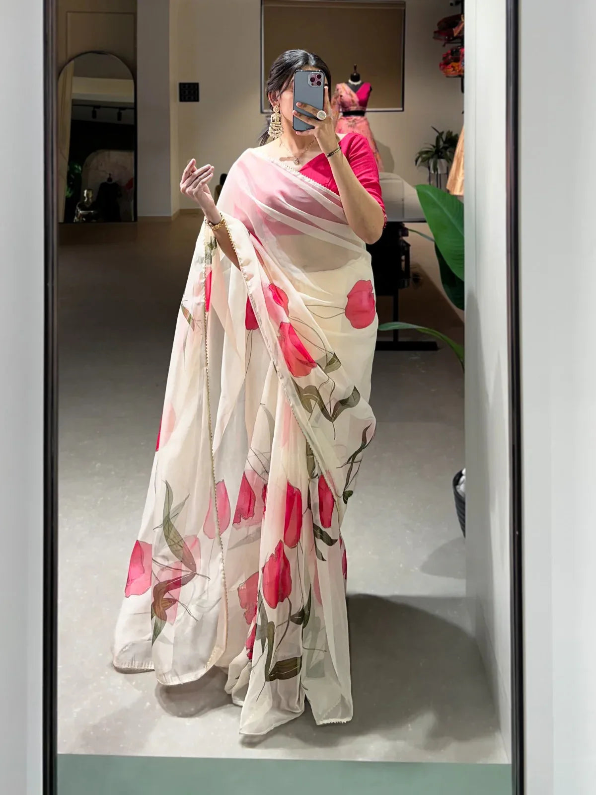 Beautiful Designer Party Wear Organza Floral with Foil Print Saree