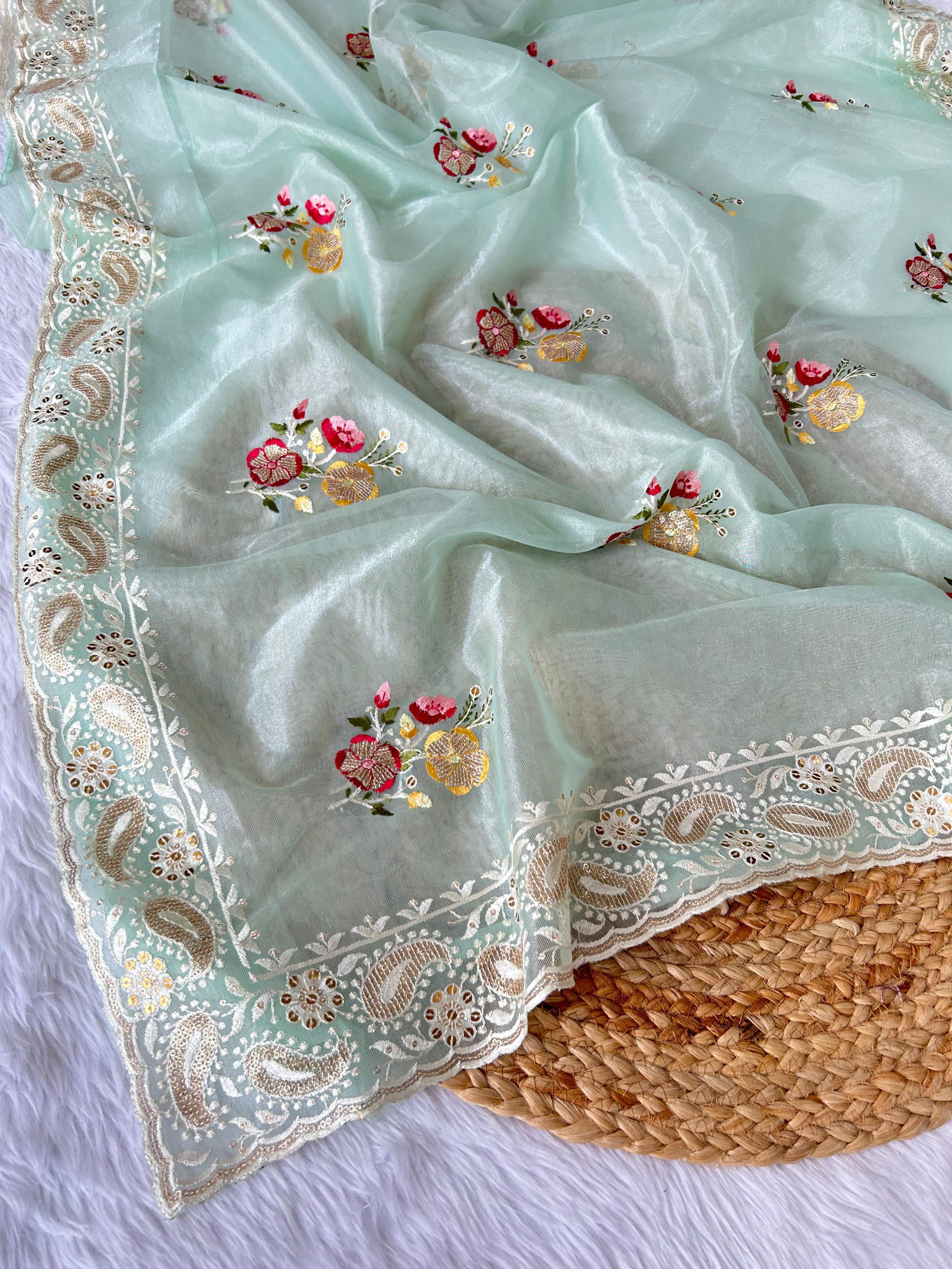 Beautiful Designer Soft Silver Tissue Silk Saree