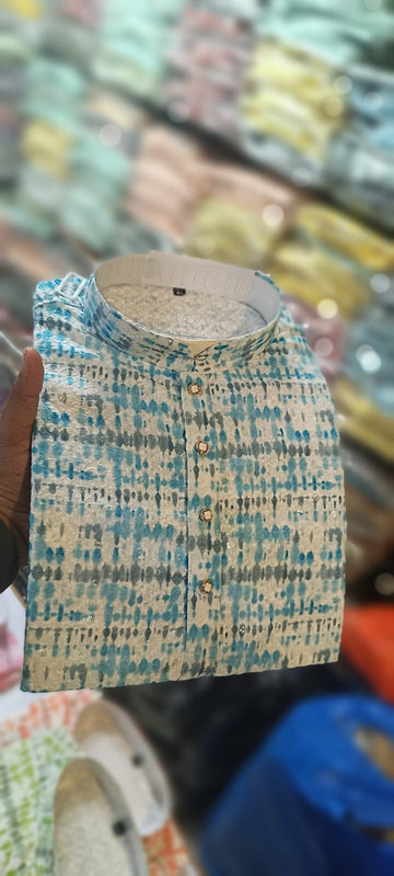 Beautiful Men's Designer Reyon Chikankari Work With Digital Print Kurta Pajama