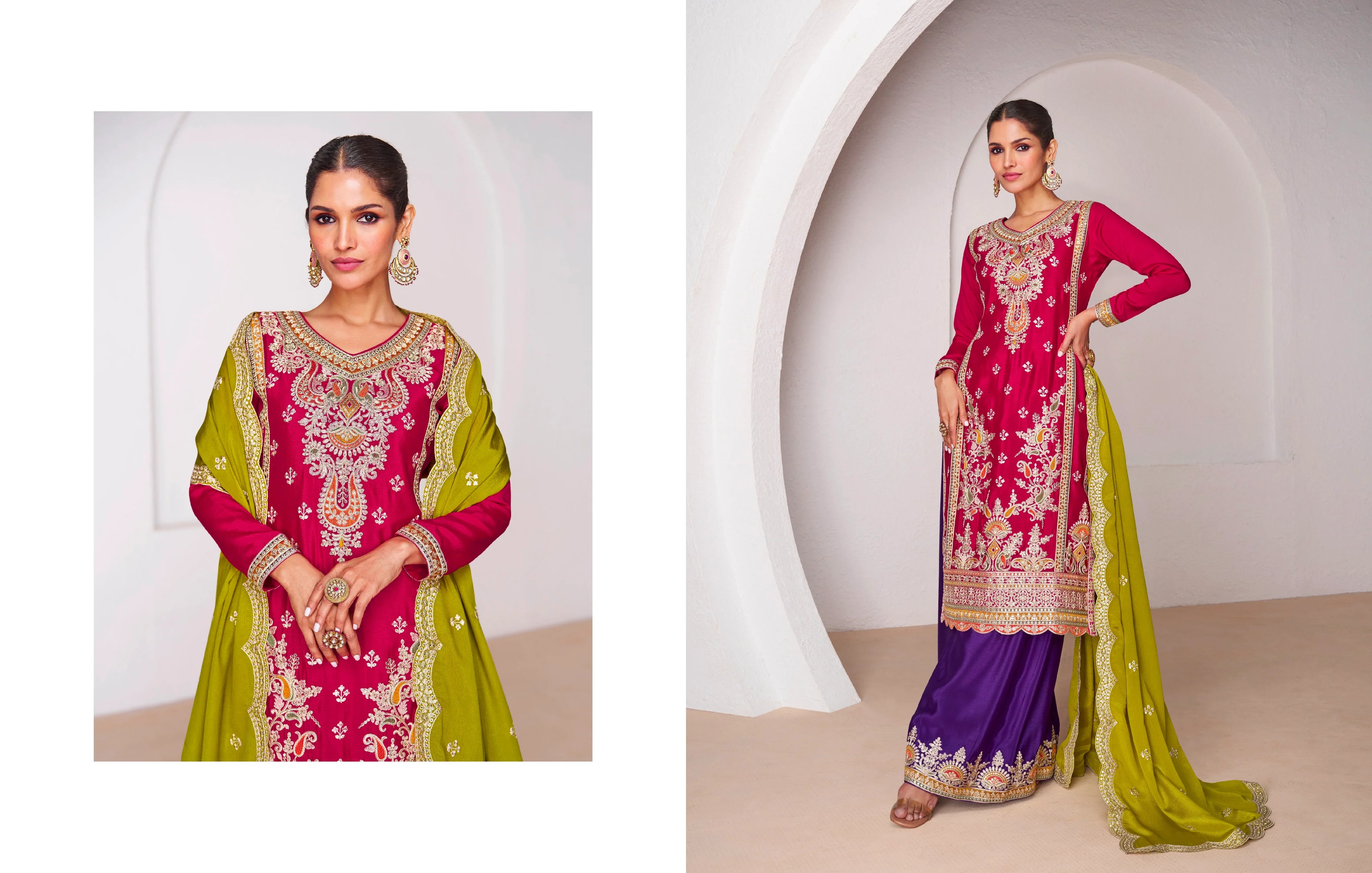 Red Chinnon Silk Anarkali Suit with Purple Palazzo and Green Dupatta for Festivals