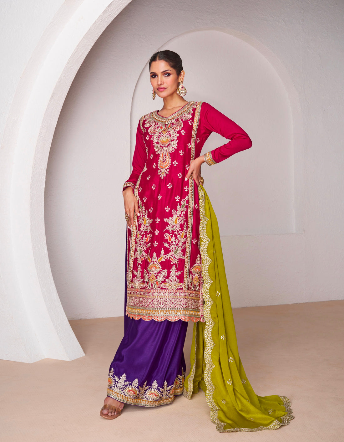 Red Chinnon Silk Anarkali Suit with Purple Palazzo and Green Dupatta for Festivals