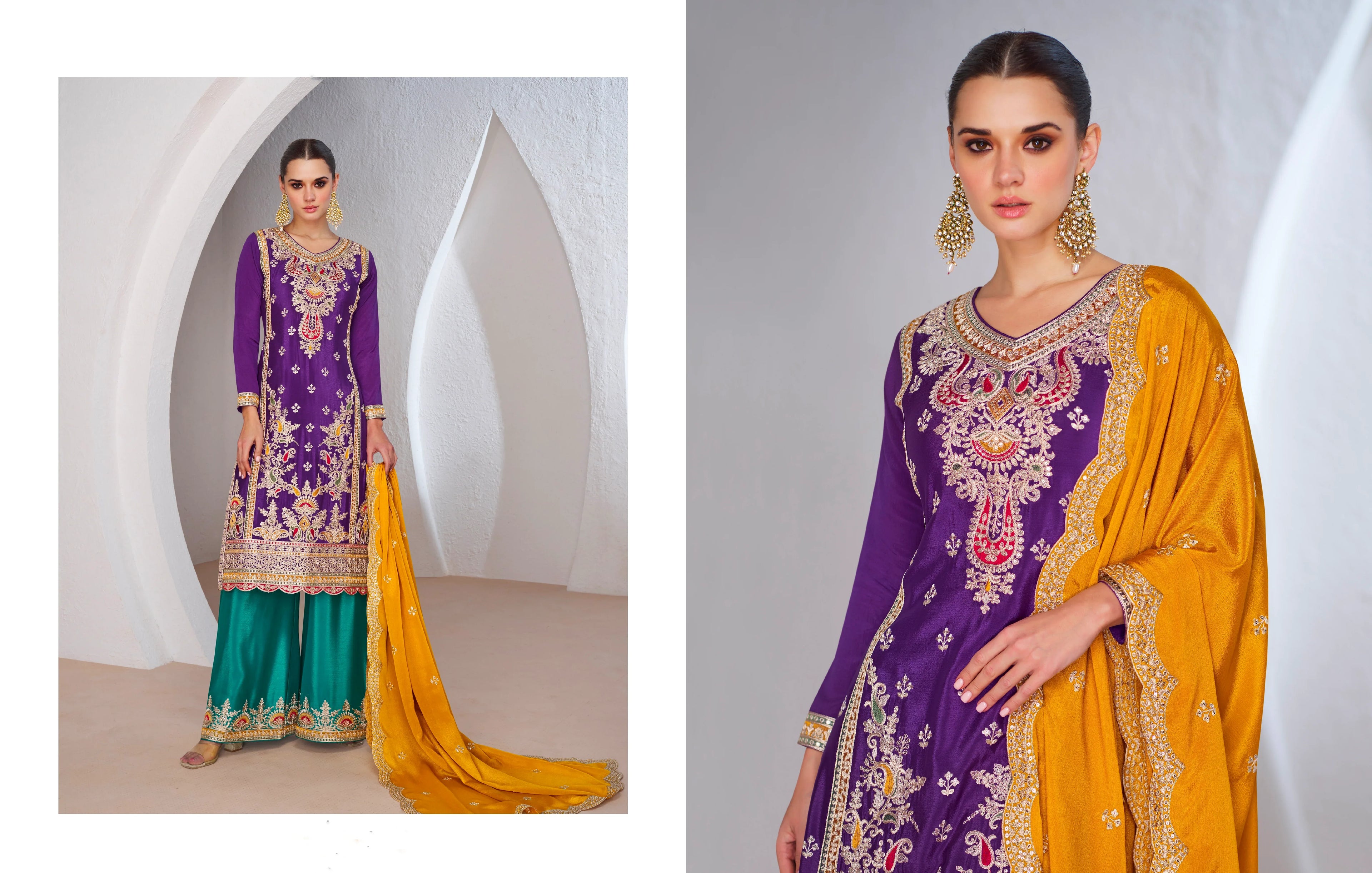 Purple Chinnon Silk Anarkali Suit with Green Palazzo and Yellow Dupatta for Festivals