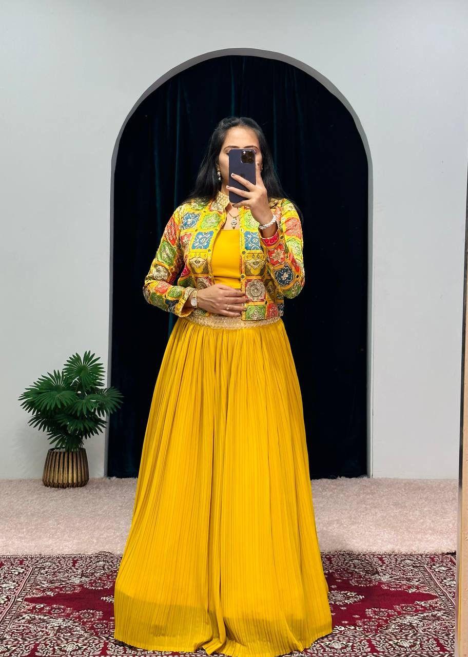 Beautiful Designer 3 Pc Indo Western Georgette Outfit Lehenga With Koti & Blouse