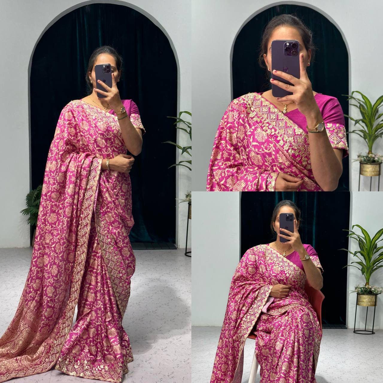 Beautiful Designer Heavy Vichitra Silk Bandhani Print Sequence Saree