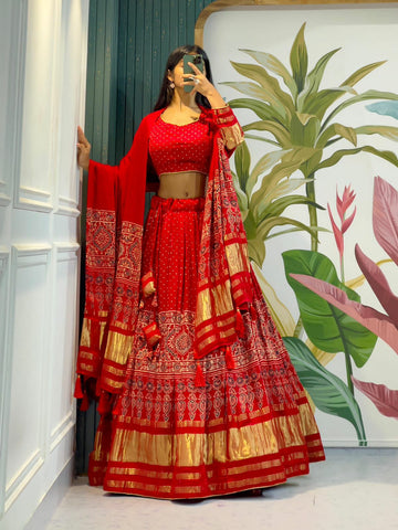 Beautiful Designer Pure Modal Gajji Silk Ajrakh Handblock Print Chaniya Choli