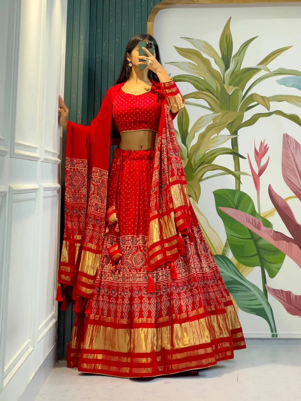 Beautiful Designer Pure Modal Gajji Silk Ajrakh Handblock Print Chaniya Choli