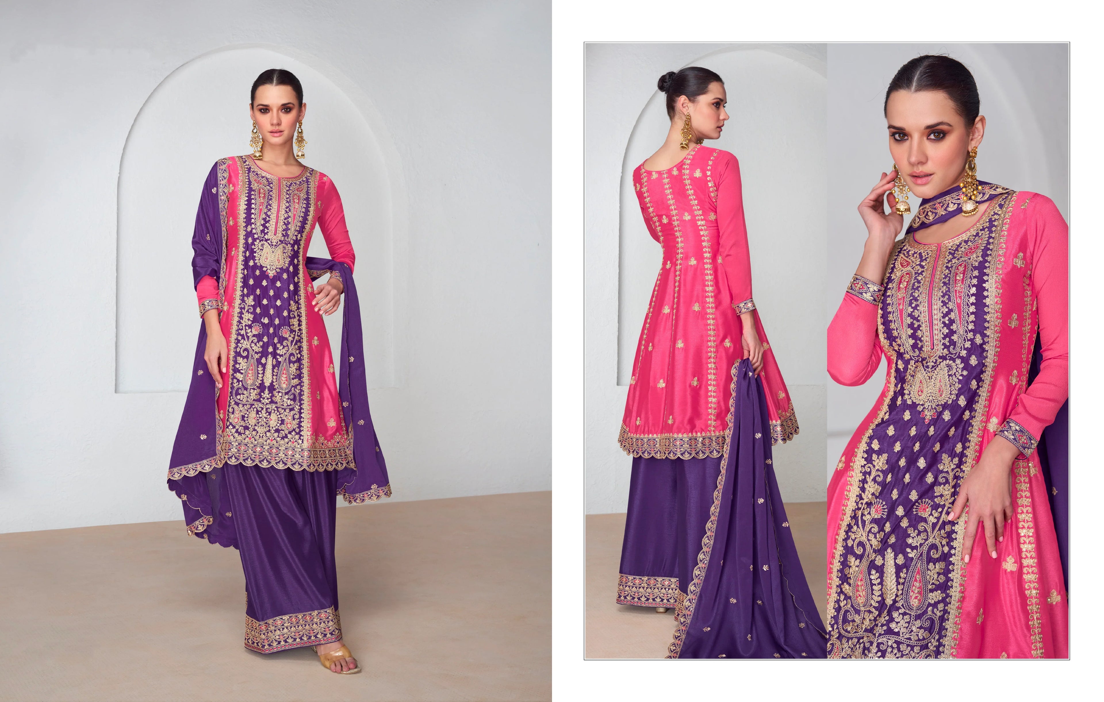 Purple and pink Chinnon Silk palazzo suit with embroidery.