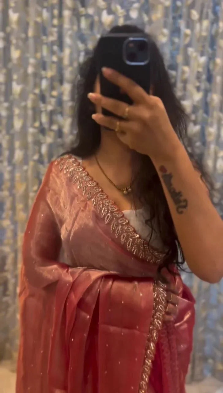 Front View Peach Pure Soft Designer Jimmy Choo Saree