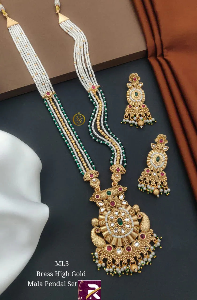 Beautiful Designer High Brass Gold Antique Long Kundan Moti Mala with Earrings