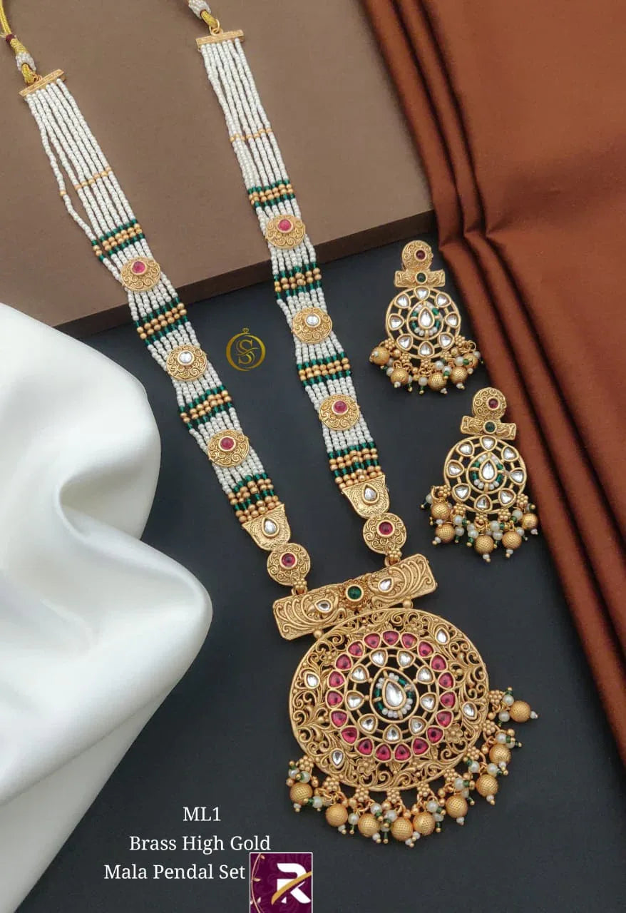Beautiful Designer High Brass Gold Antique Long Kundan Moti Mala with Earrings
