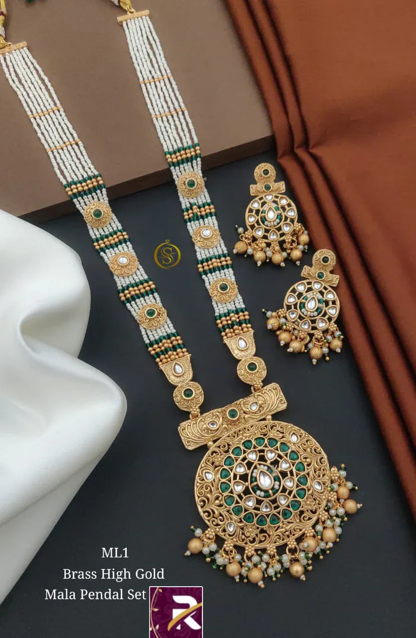 Beautiful Designer High Brass Gold Antique Long Kundan Moti Mala with Earrings