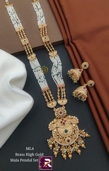 Beautiful Designer High Brass Gold Antique Long Kundan Moti Mala with Earrings