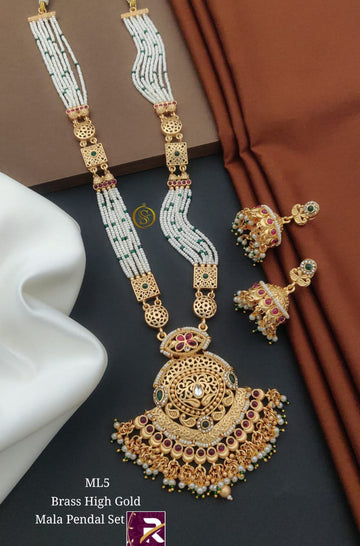 Beautiful Designer High Brass Gold Antique Long Kundan Moti Mala with Earrings