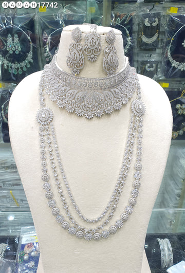 Wedding Special American Diamond Antique Stone Necklace with Earrings Jewellery