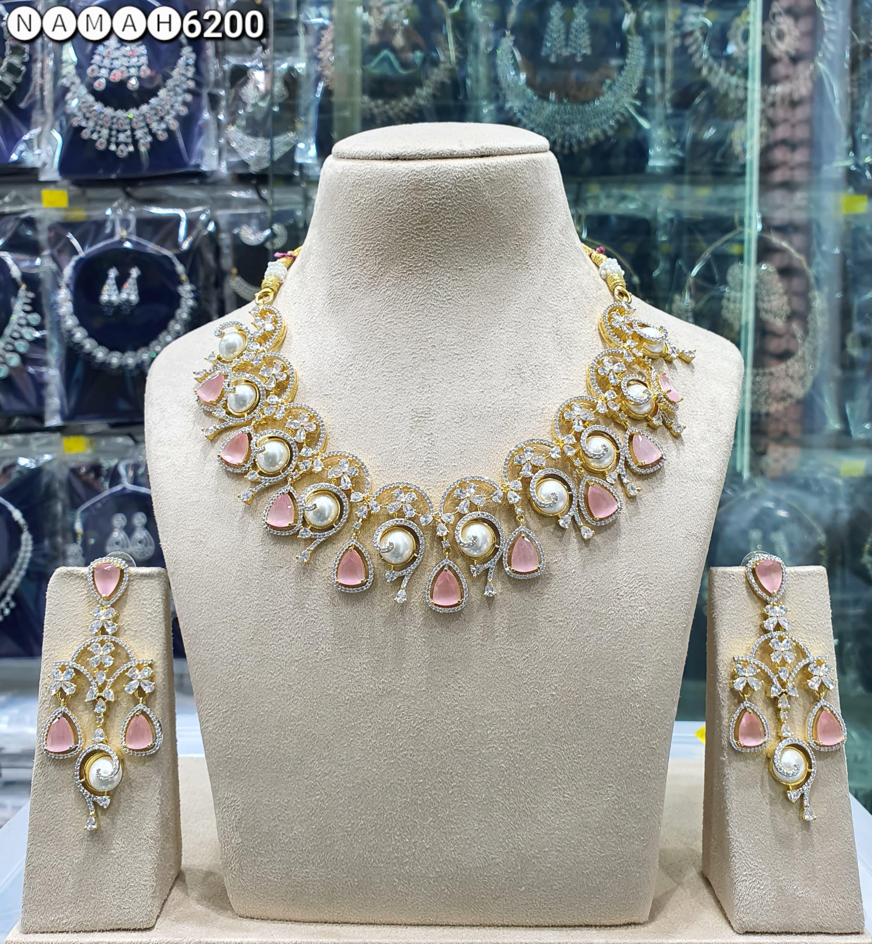 Beautiful American Diamond Antique Stone Necklace with Earrings Jewellery