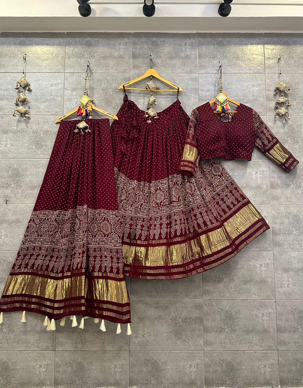 Beautiful Designer Pure Modal Ajrakh Handblock Print Gajji Silk Chaniya Choli
