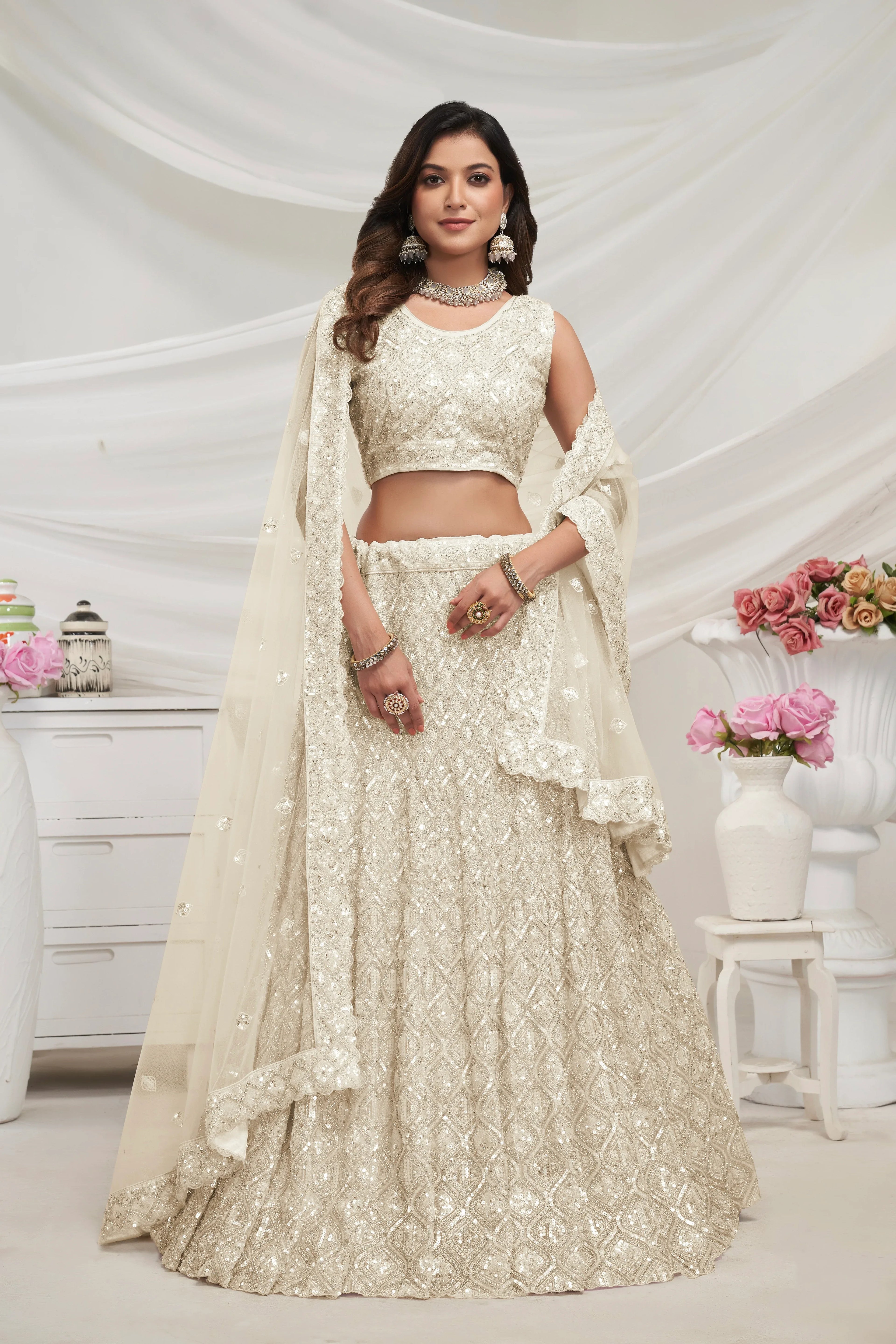 Elegant Ivory Soft Net Lehenga Choli with Diamond Sequin Work