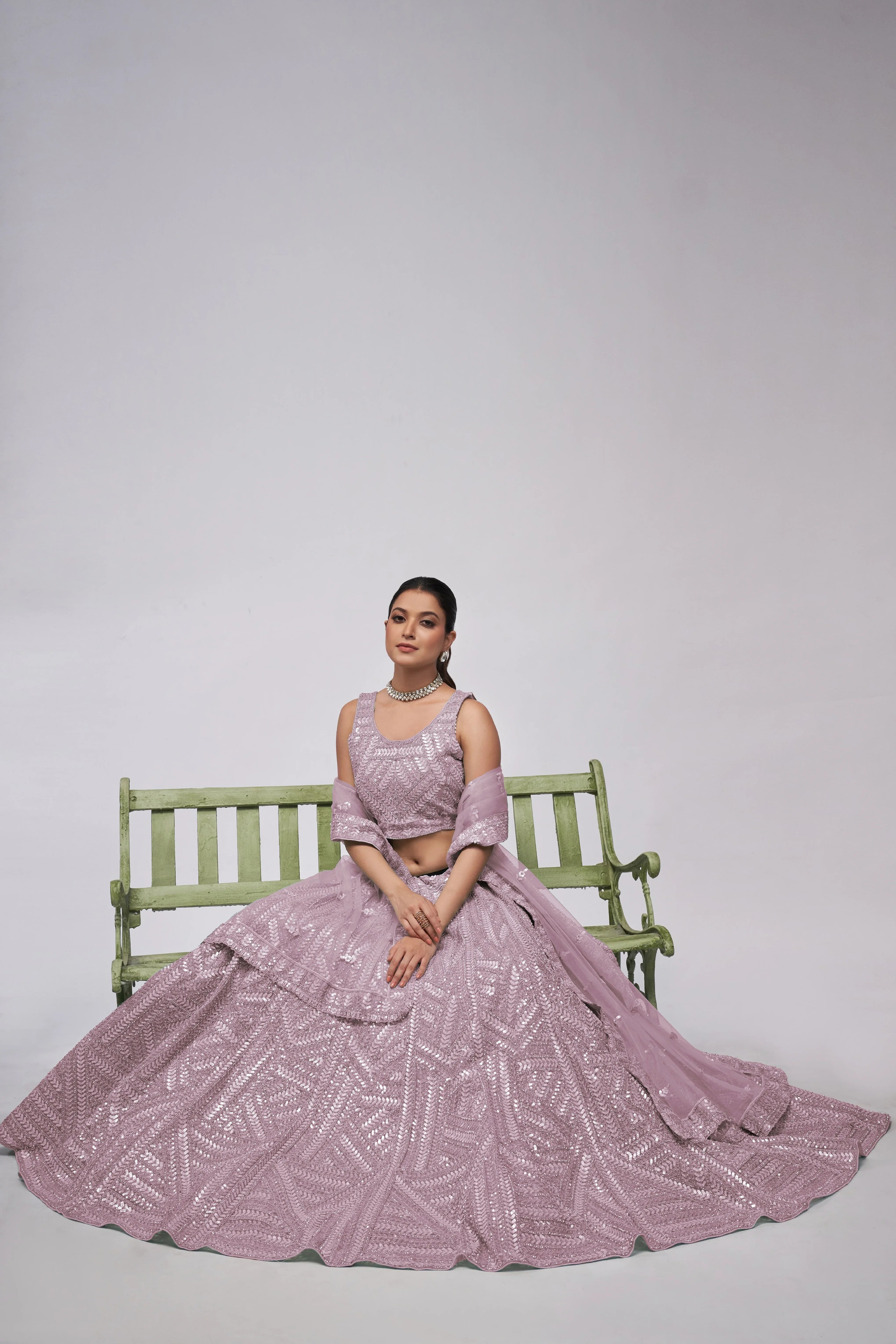 Elegant Mauve Net Lehenga with Sequin Leaves - Bridal Wear