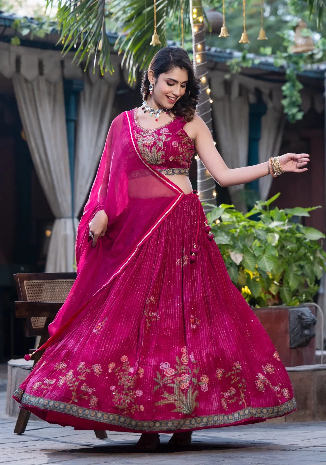Pink Sequins Chinon Engagement Wear Lehenga Choli