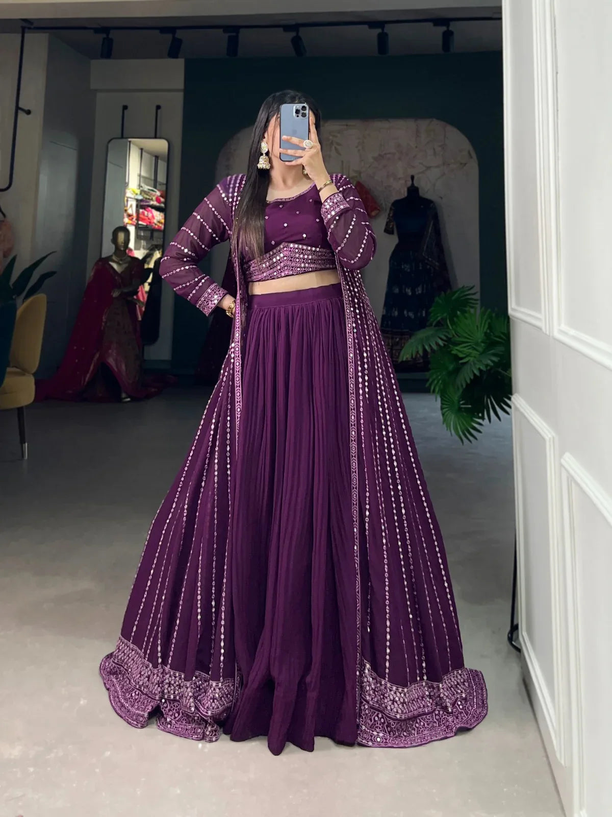 Party Wear Designer Purple Georgette Indo Western Lehenga Choli With Jacket