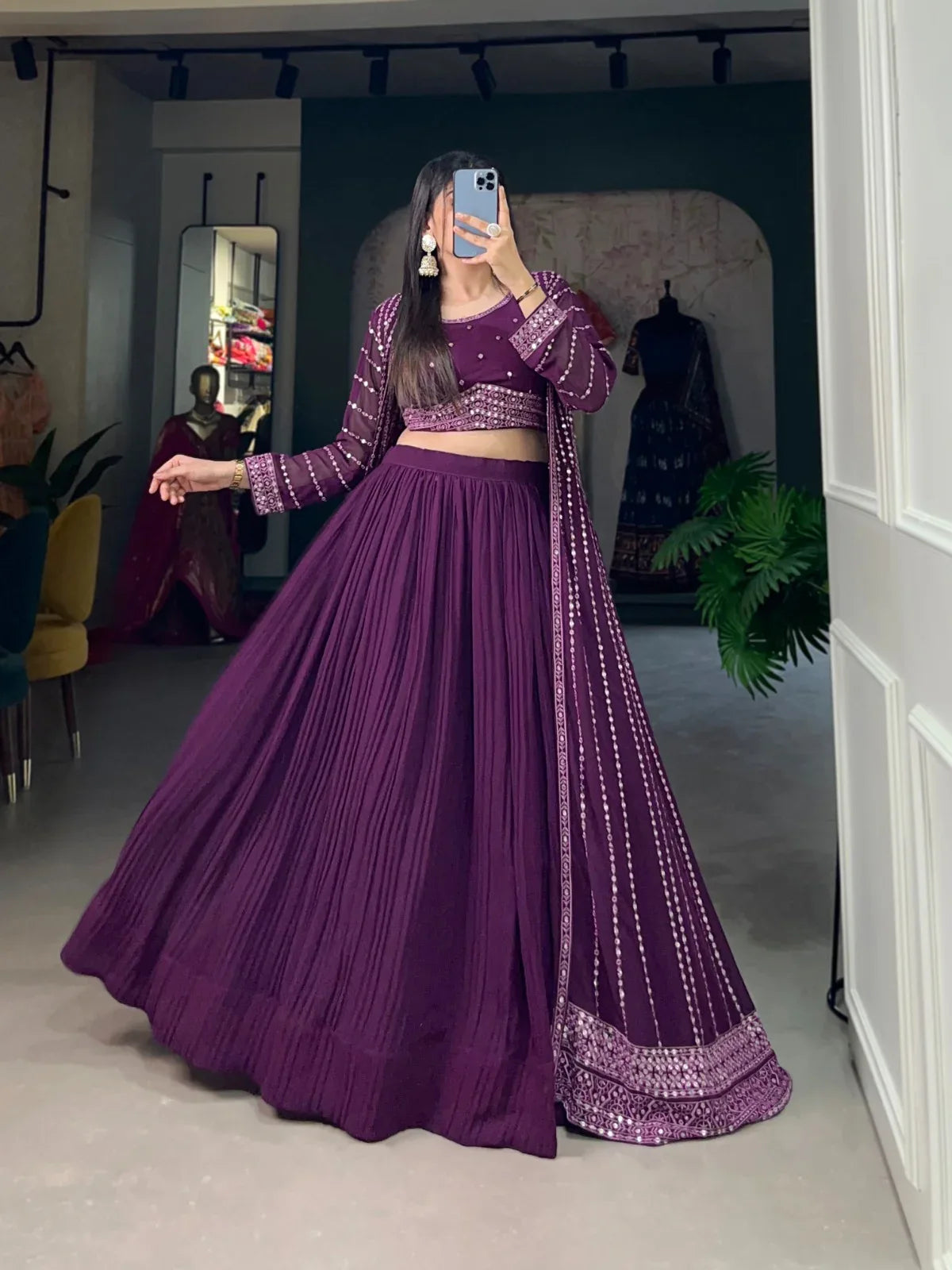 Party Wear Designer Purple Georgette Indo Western Lehenga Choli With Jacket