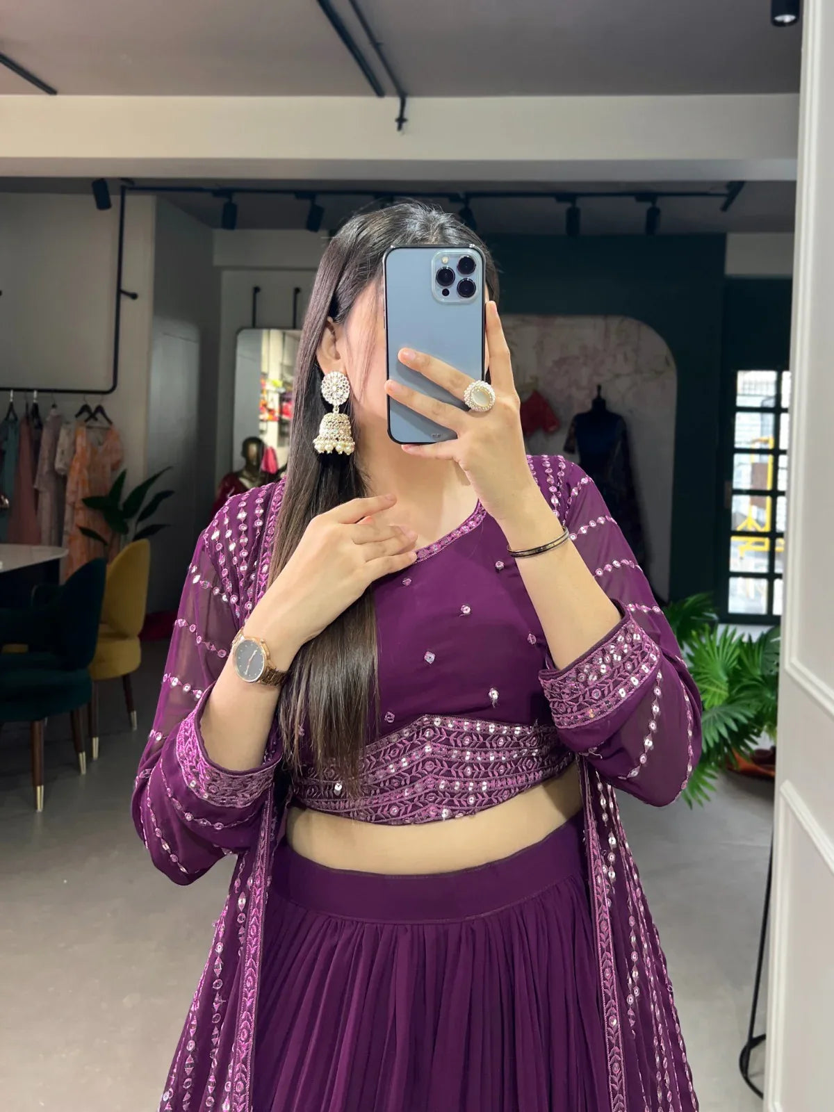 Party Wear Designer Purple Georgette Indo Western Lehenga Choli With Jacket