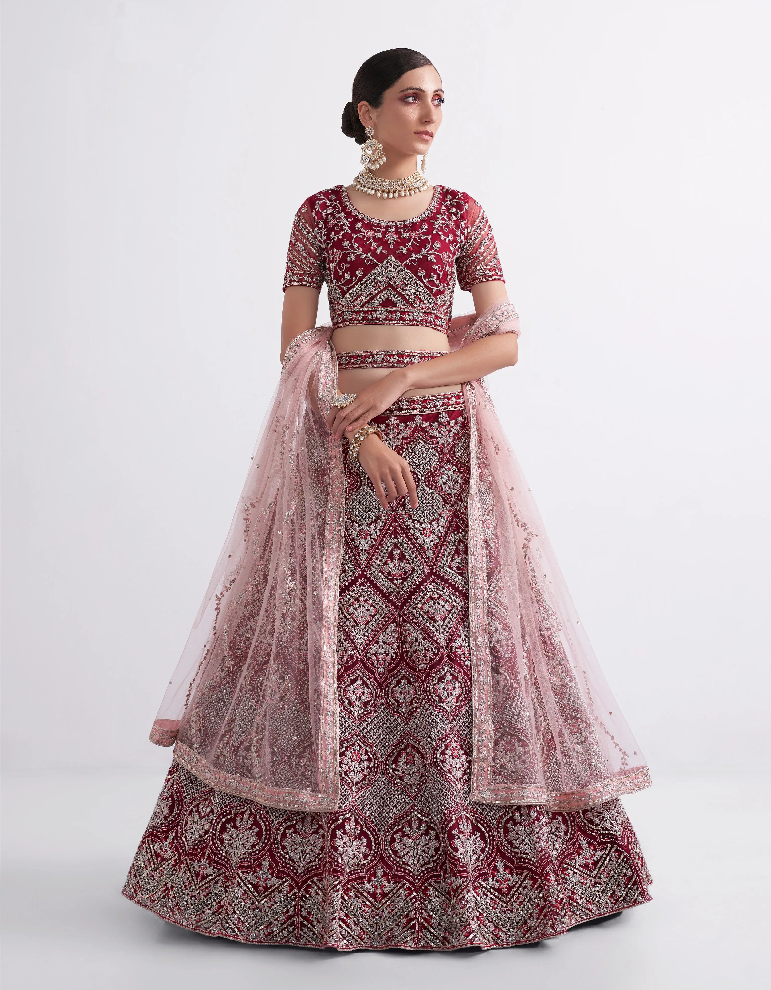 Maroon Net Lehenga Choli Set with Heavy Stone Work Embellishment
