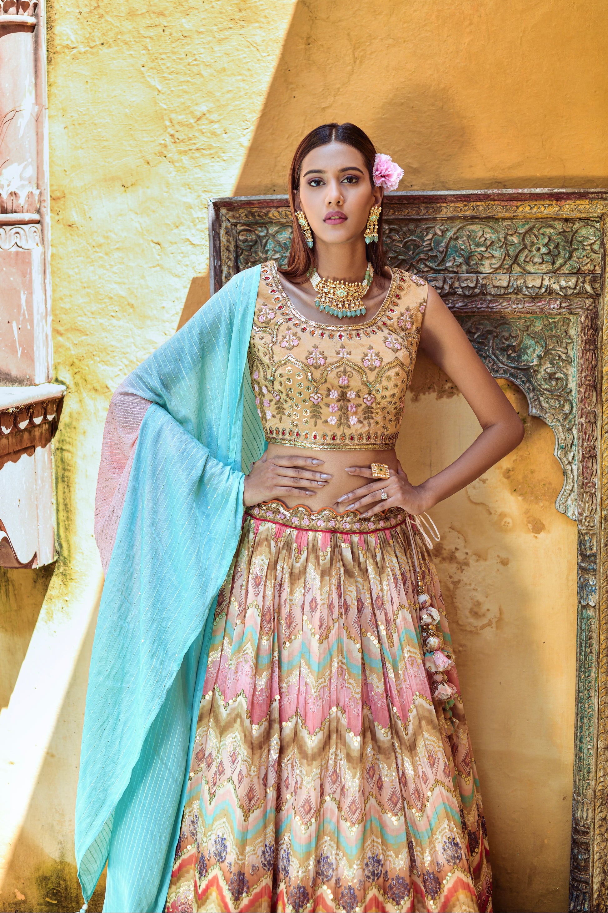 Multi-color pure viscose lehenga with digital print and sequence work