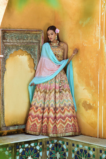 Multi-color pure viscose lehenga with digital print and sequence work