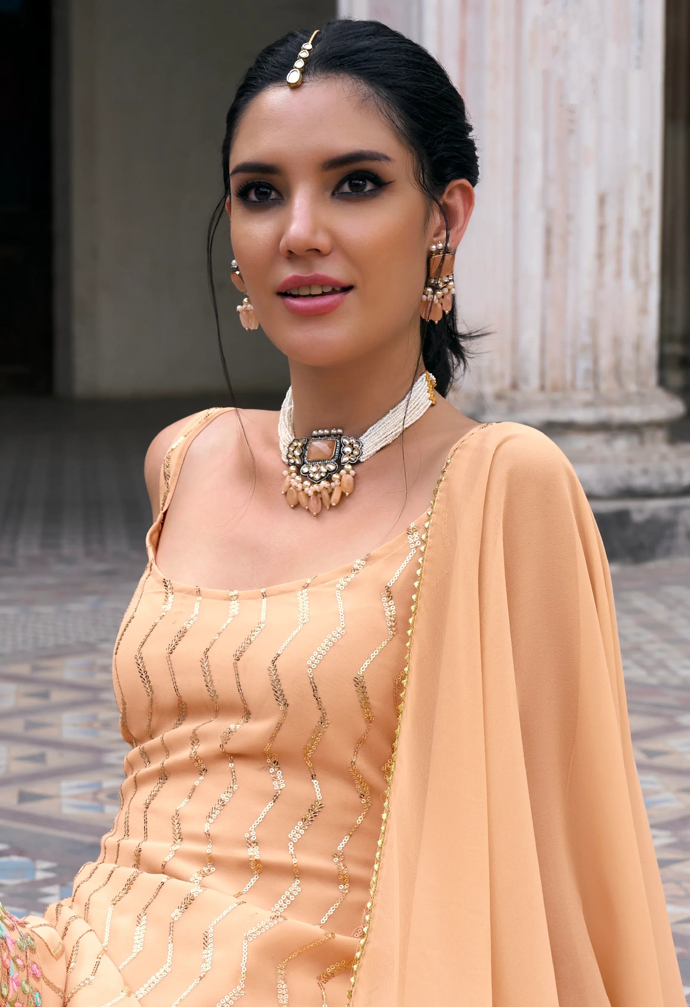 Elegant Peach Sharara Suit with Embroidery and Sequence Work