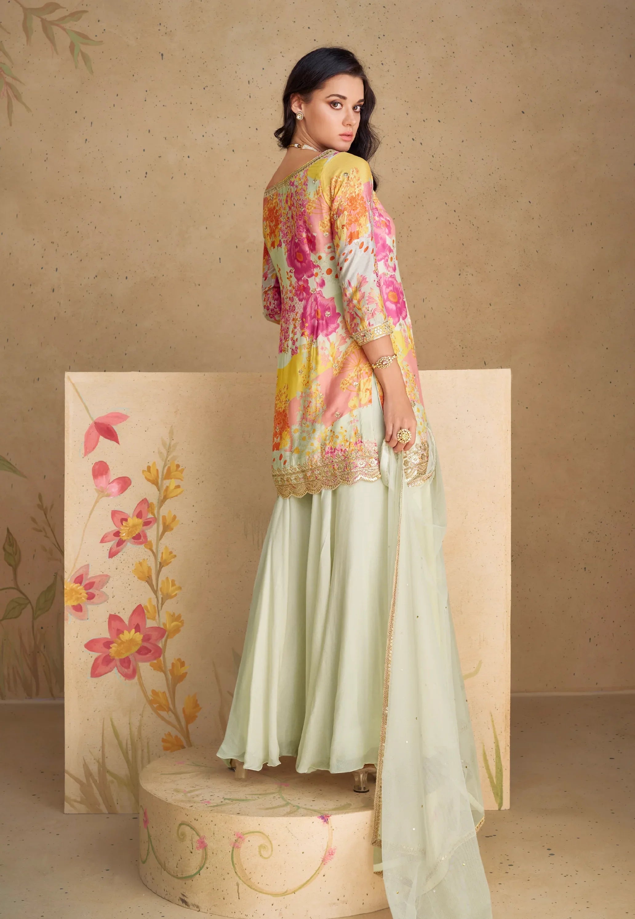 Pastel floral embroidered chinon silk sharara suit with net dupatta