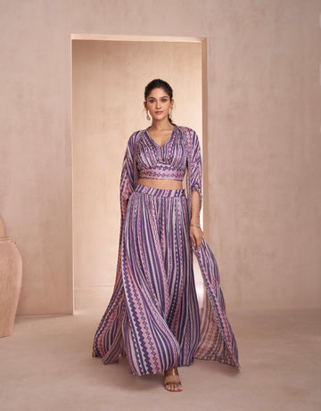 Model wearing Purple and Pink Printed Real Chinon Silk and Georgette Sharara Set
