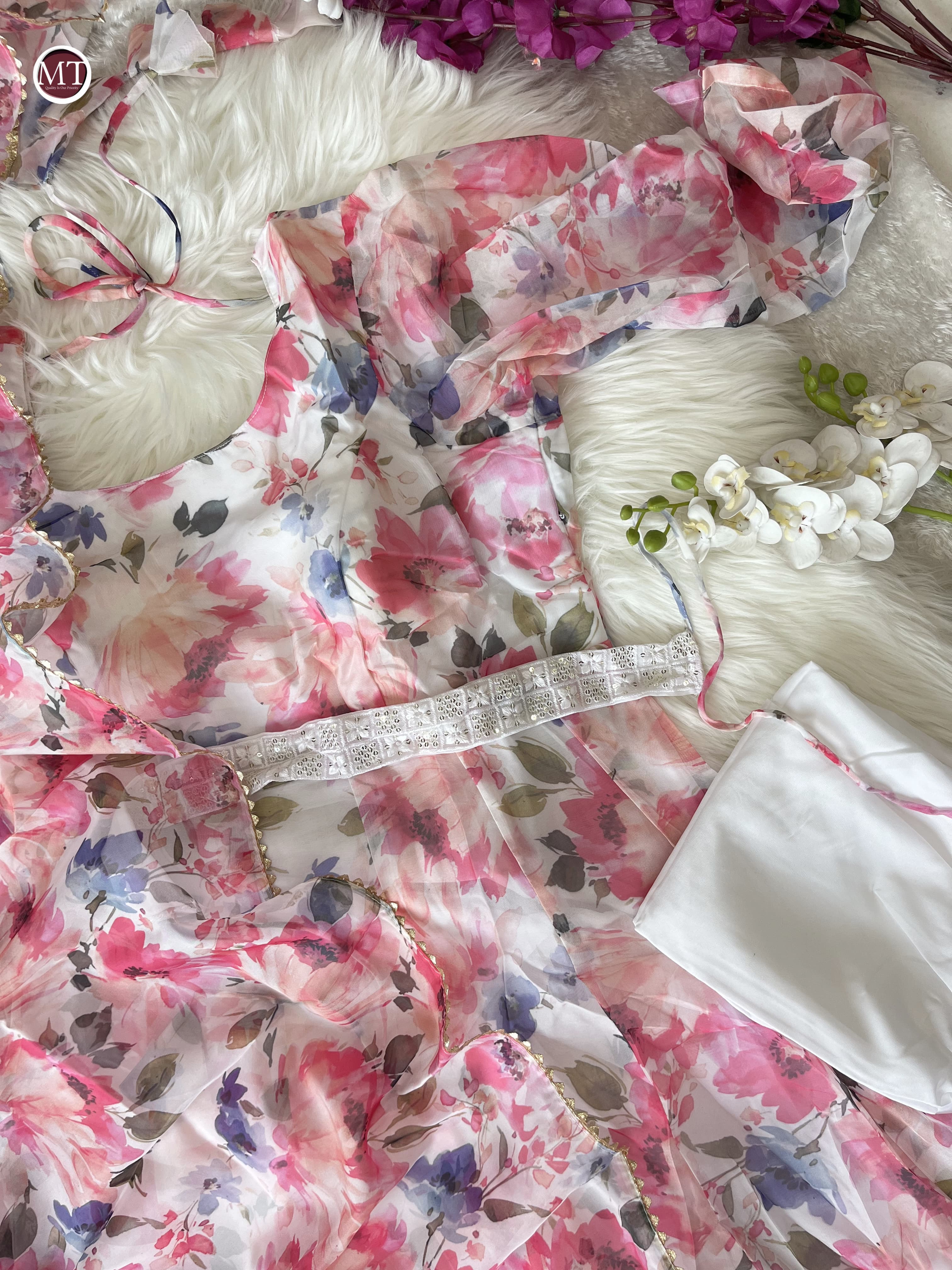 Pink Floral Organza Suit With Embroidered Dupatta