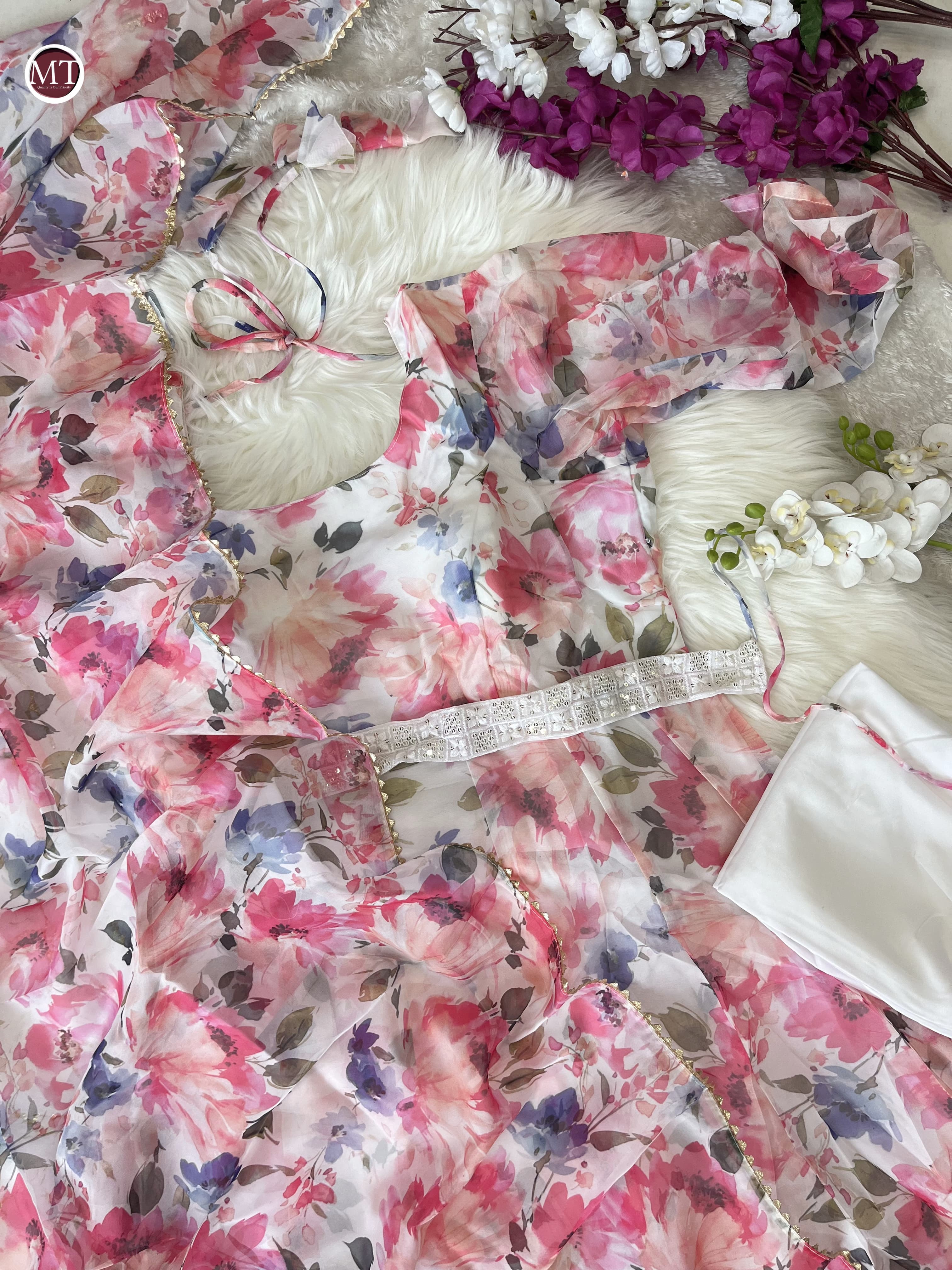 Pink Floral Organza Suit With Embroidered Dupatta