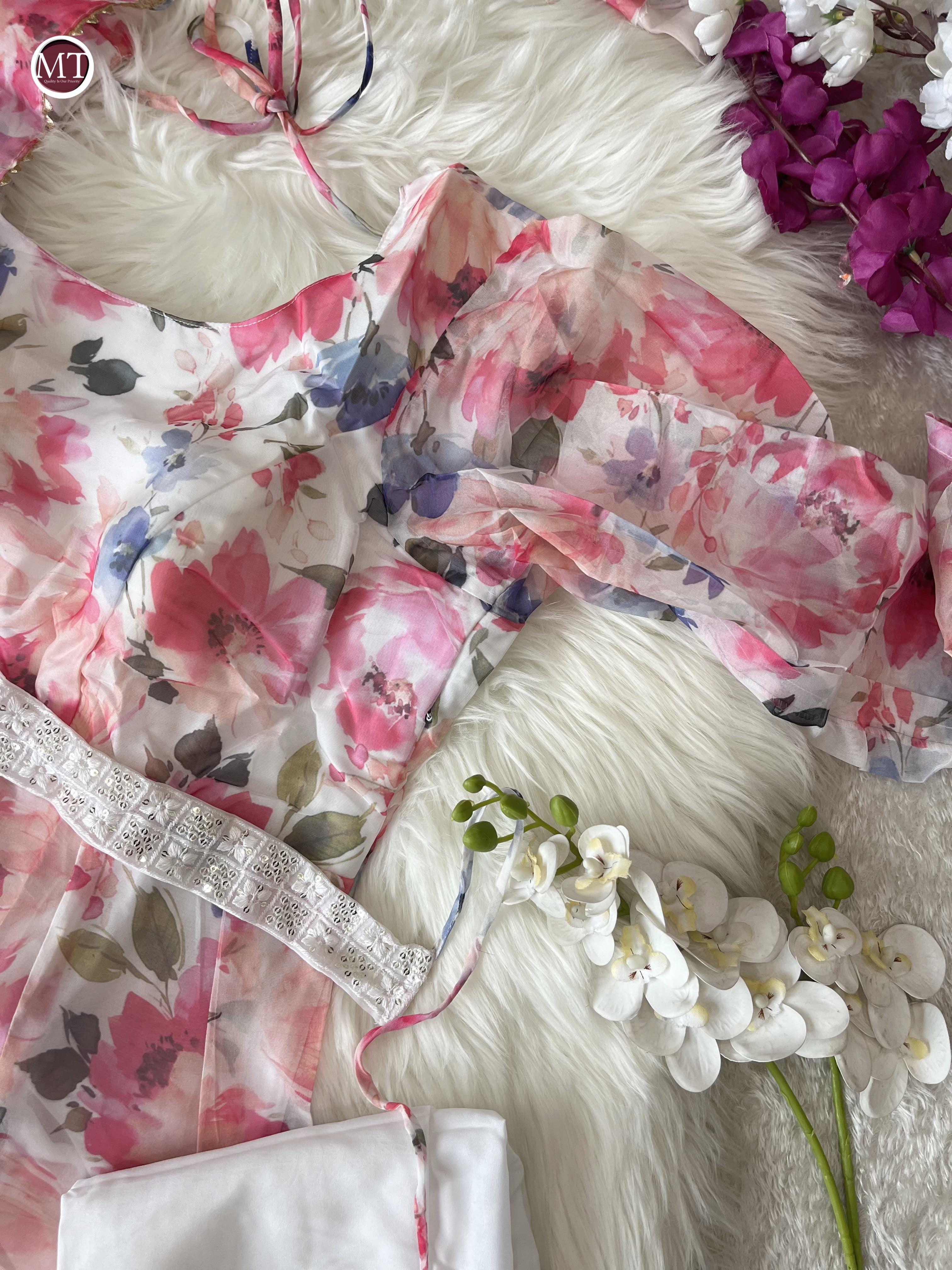 Pink Floral Organza Suit With Embroidered Dupatta