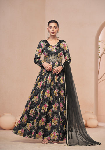Black Floral Handwork Anarkali Suit with Soft Net Dupatta, perfect for weddings and parties