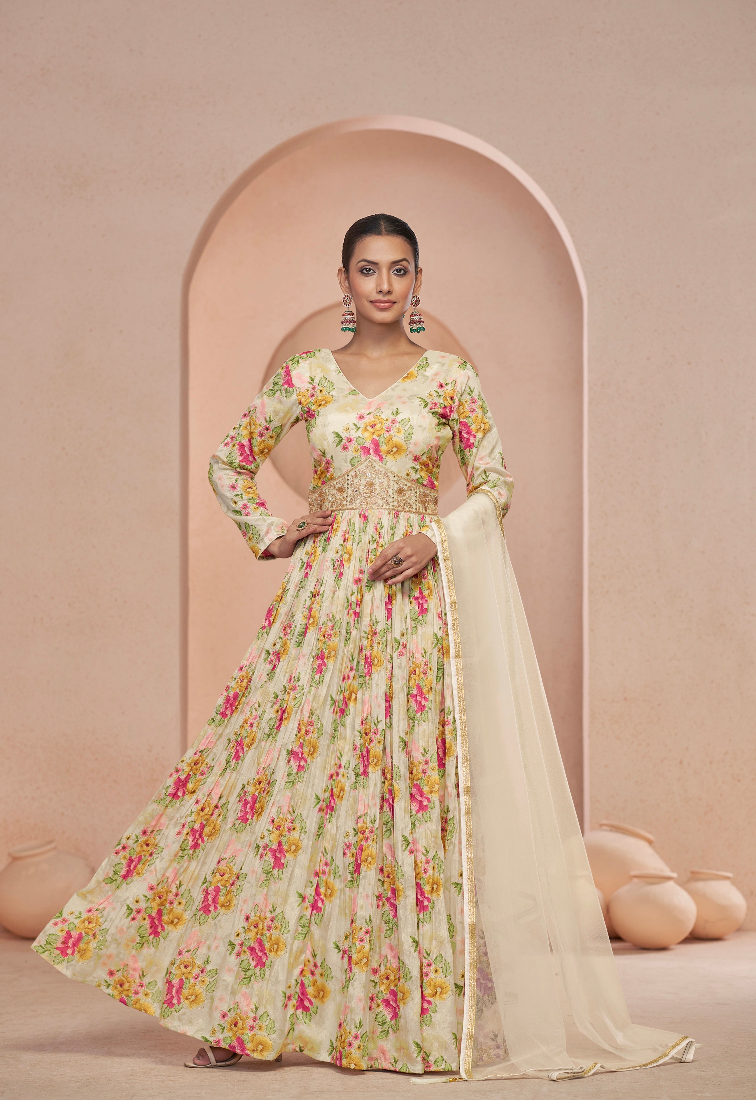 Cream Floral Handwork Anarkali Suit with Net Dupatta