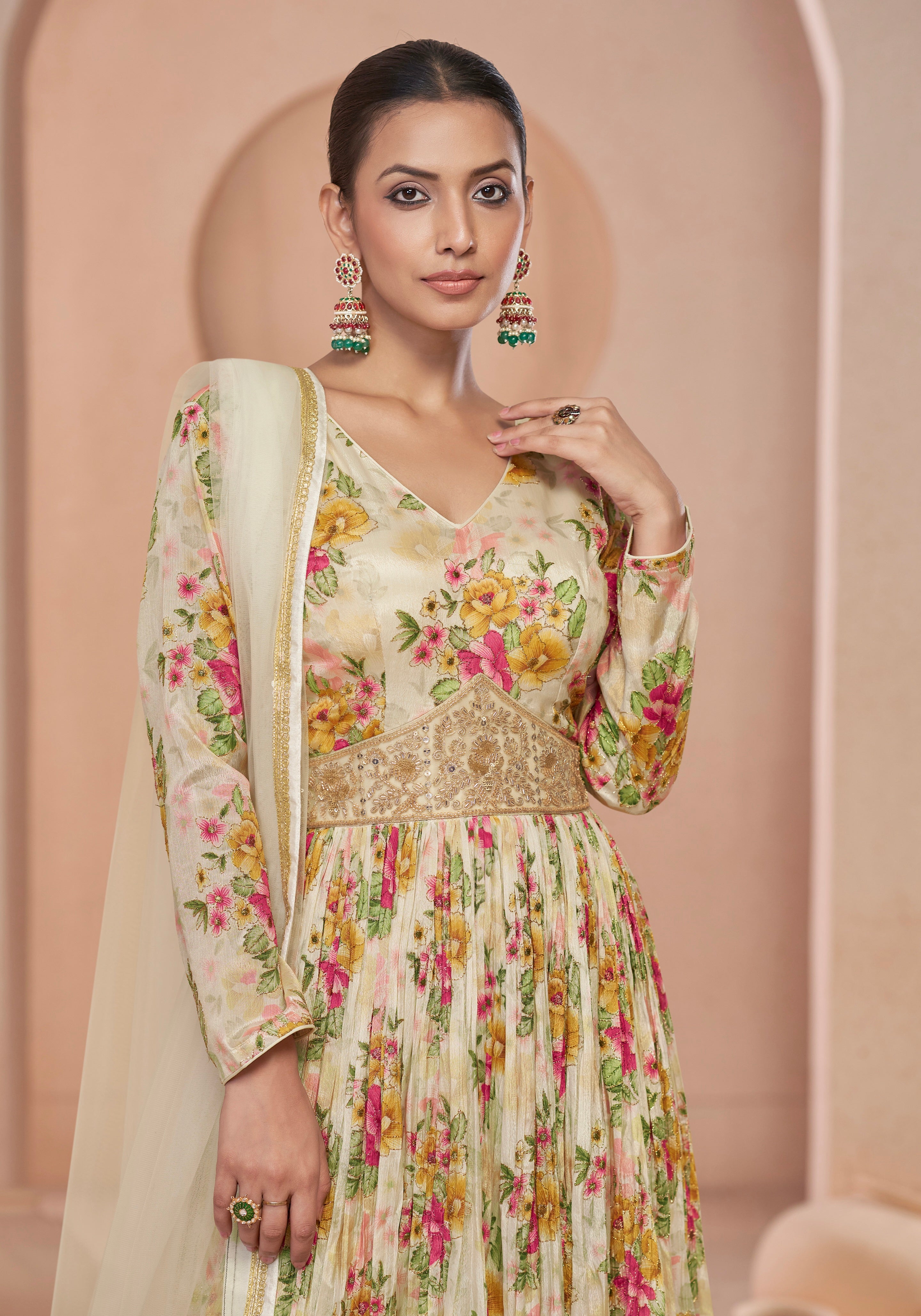 Cream Floral Handwork Anarkali Suit with Net Dupatta
