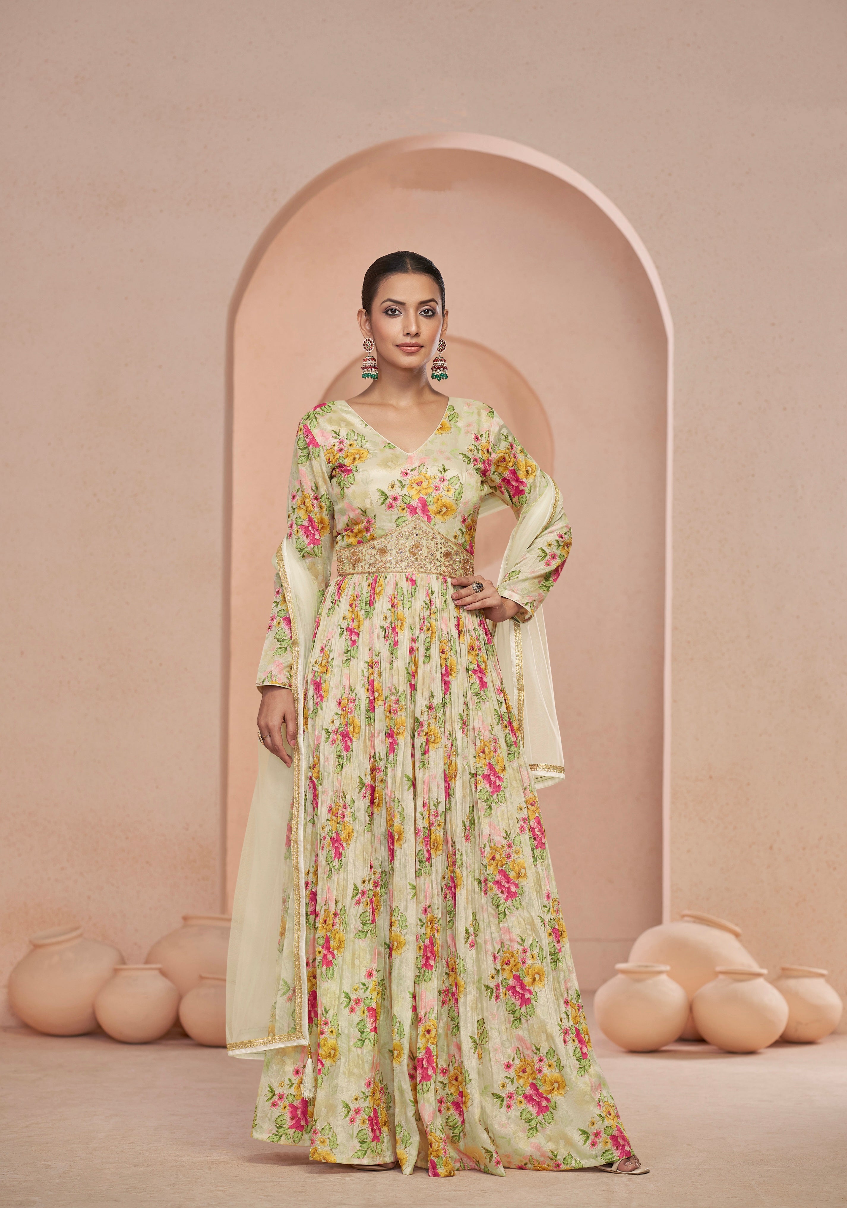 Cream Floral Handwork Anarkali Suit with Net Dupatta