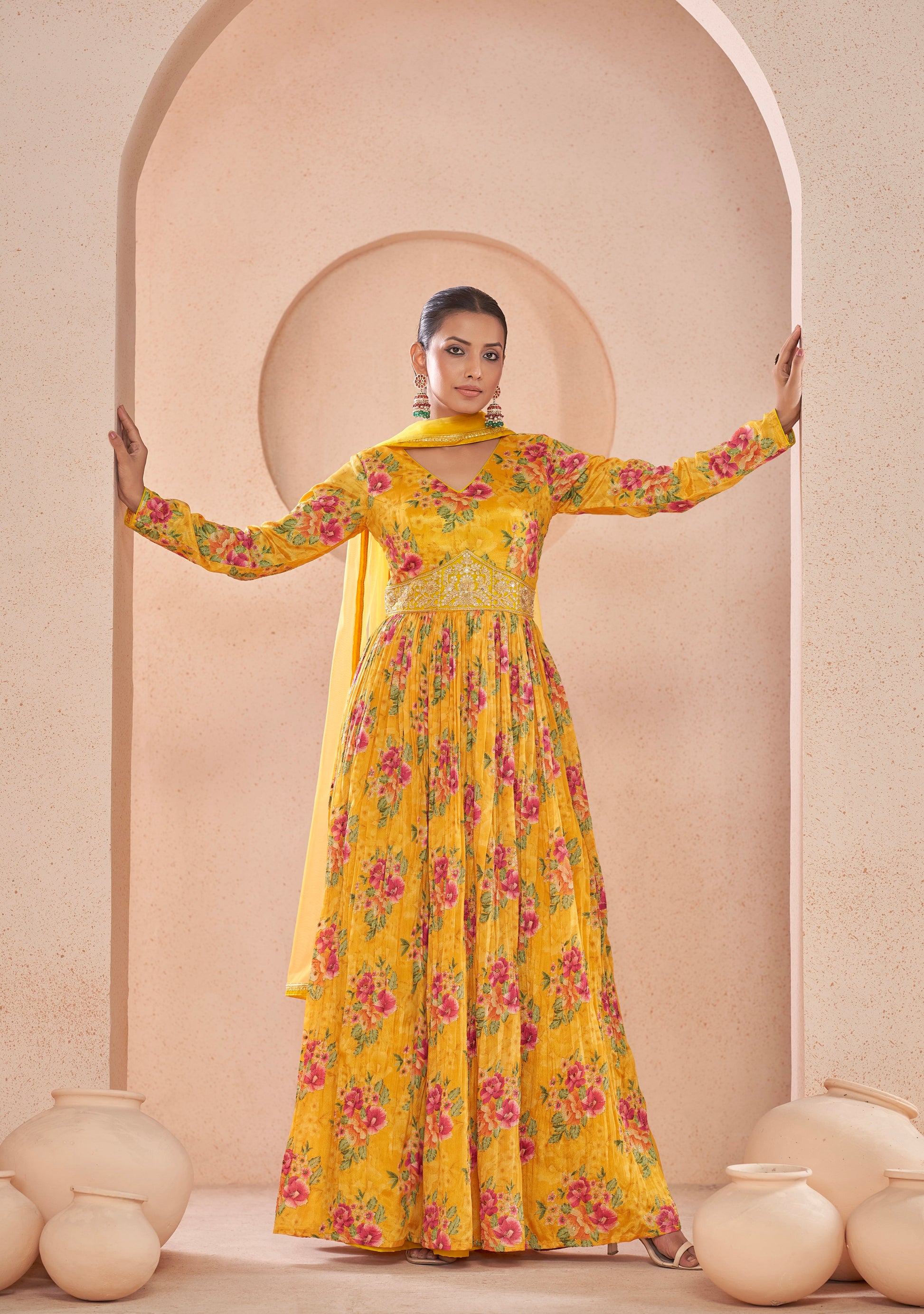 Yellow Floral Handwork Anarkali Suit with Net Dupatta