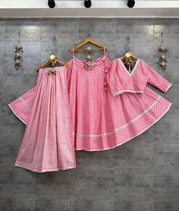 Pink Pure Camric Cotton Chaniya Choli with Fancy Gamthi Mirror Lace