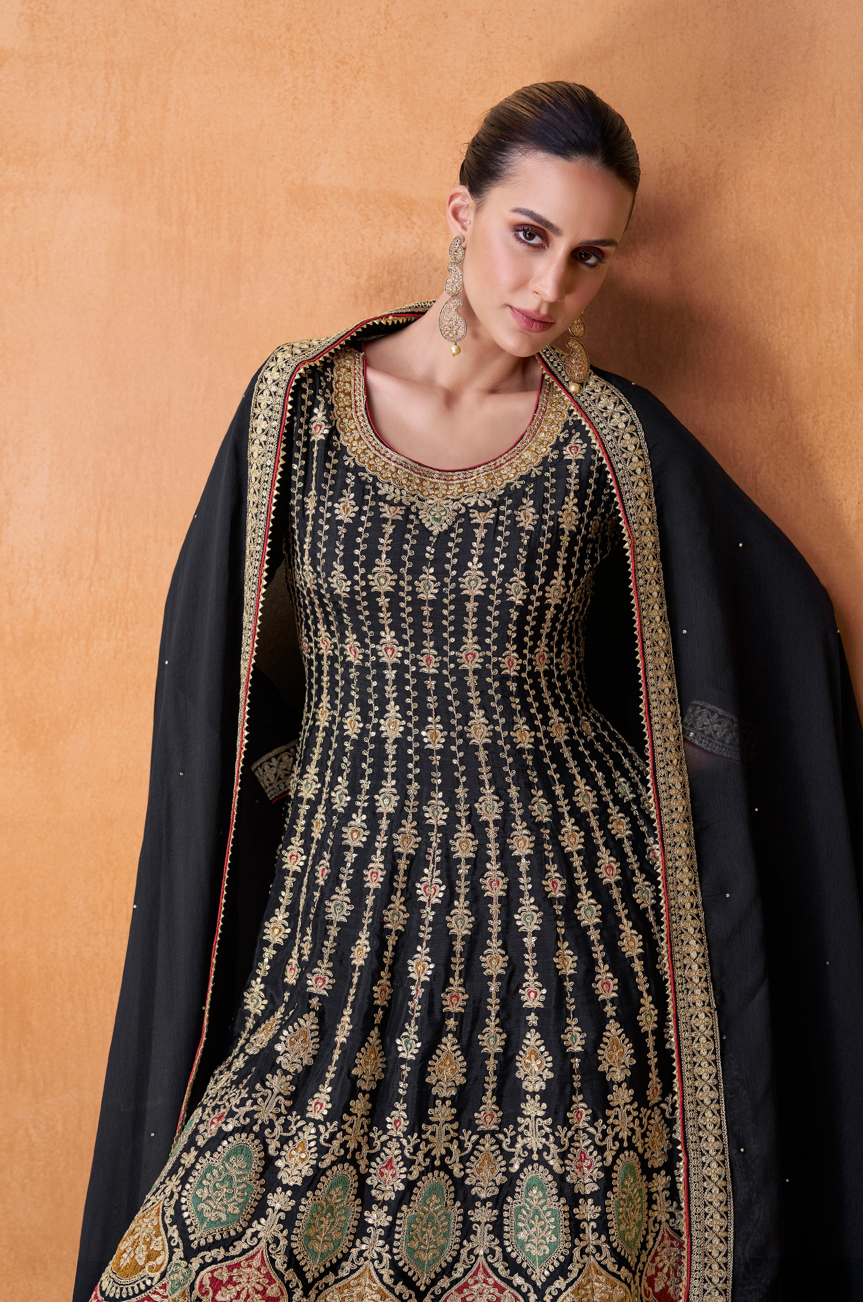Black Real Chinon Sharara Set with Gold and Red Embroidery